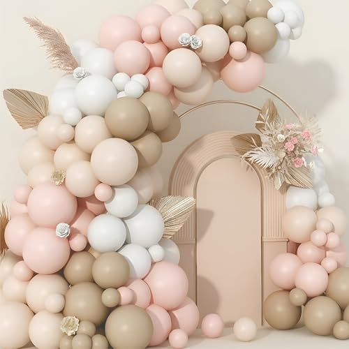 Image of Pink, white, sand white and camel balloon garland for birthday decoration, anniversary theme decoration