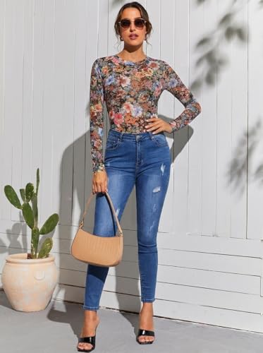 Image of Avidlove Womens Mesh Long Sleeve Bodysuit Round Neck Sheer Leotards Geo Print Bodysuit Top with Snap Crotch