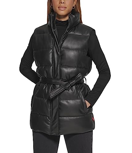 Levi's Women's Vegan Leather Puffer Vest, Black with Belt, Medium