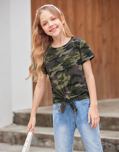 Image of Arshiner Girls Short Sleeve Shirts Tie Knot Front Tops T Shirts for Kids Crewneck Cute Casual Tie Dye Tee Blouse