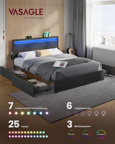 VASAGLE Doppelbettgestell, Bettgestell, passend für 140 x 200 cm Matratze, LED, Metallbett, 4 Schubladen, Ladestation, verstellbares gepolstertes Kopfteil, schiefergrau RMB827G02