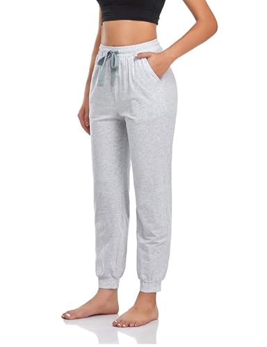 COLORFULLEAF Baumwoll-Pyjamahose für Damen, Jogginghose, Yogahose, Freizeithose, Kordelzug und Taschen, grau, Large Cover