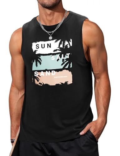 Lonya Débardeur Homme Tee Shirt sans Manche Sport Été Coton Col Rond Imprimé Plantes Palmiers Lettres Estivales Casual Fitness Gym Basic Tops, Noir, XL