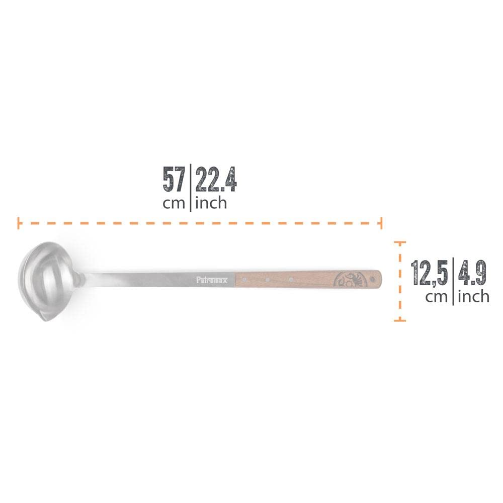 Petromax Cucharón de 50 cm – Paleta grande de acero inoxidable con mango de madera de nogal y boquilla para cocinar al aire libre