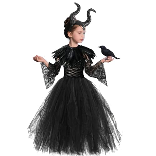 GTJEOI Disfraz Maléfica para Niñas, Maleficent Costume para Niños, Reina Bruja Malvada Vestido Maléfica para Niños,Vestido de Tul Maléfica con Cuernos Diadema,Alas,Chal Plumas,Vestido Gótico Cosplay