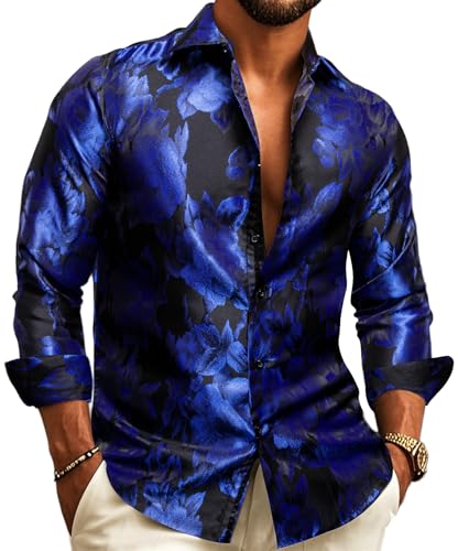 Barry.Wang Camisas de vestir de lujo de seda con estampado de cachemira para hombre, grandes y altas, manga larga, camisas para negocios, bodas, fiestas, rojo, negro, S-3XL, Azul Negro, S