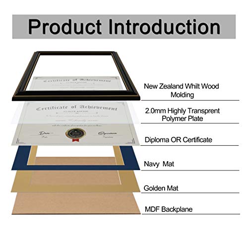 Image of ELSKER&HOME Double Diploma Frame for Two 8.5x11 with Navy Mat,Wood Black | Double Mat, Navy Mat with Golden Rim for Two 8.5x11 Inch with Mat and 13.5x20 Inch Without Mat for Documents Certificates
