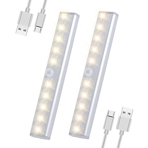 BMK - Luz para armarios con detector de movimiento, iluminación de armario, 20 LED USB, LED inalámbrico, armario con 2 tiras magnéticas, iluminación de imagen, color blanco cálido, juego de 2 unidades