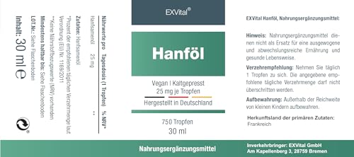 EXVital Hanfsamenöl, 25mg pro Tagesdosis,750 Tropfen, kaltgepresst, 30ml, Premium Anbau, vegan & laborgeprüft
