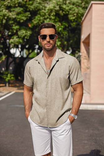 Image of COOFANDY Men's Linen Shirts Short Sleeve Casual Shirts Button Down Shirt for Men Beach Summer Wedding Shirt