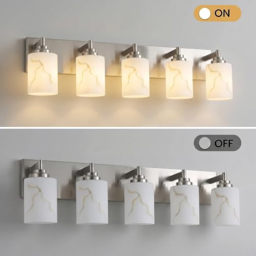 Image of 5-Light Bathroom Light Fixture, Brushed Nickel Modern Vanity Light with White Marble Glass Shade, for Bathroom Mirror, Living Room, Bedroom, Hallway, E26 Base, Extended Base