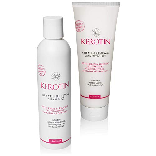 Kerotin Keratin Renewal Shampoo & Conditioner Set - Repairs Damaged Hair & Promotes Growth with Natural Ingredients Including Coconut Oil, Color Safe 8oz Bottles