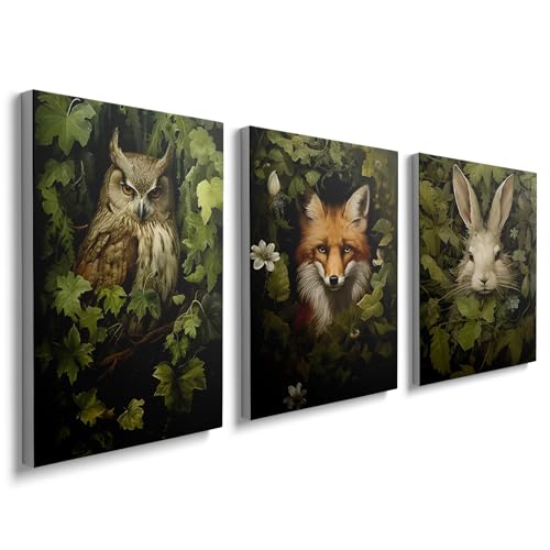 prinfantasy 3Pcs Framed Wall Art Fox Rabbit Owl Canvas Posters Prints Forest Wild Animal Pictures Paintings Oil Wall Decor for Bedroom Bathroom Decor 12x16x3 YH1305