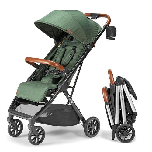 Image of Bombi Bēbee V2 Lightweight Baby Stroller - Premium Vegan Leather, One-Hand Fold, Infinite Recline, Aircraft-Grade Aluminum Frame, XXL Canopy, and Ample Storage Umbrella Stroller - Hunter Green