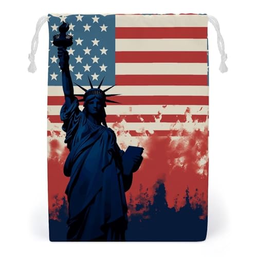 Flag with Silhouette of Lady Liberty Drawstring Storage Bag, Reusable & Stylish Jewelry Pouch, Small Canvas Storage Bag for Travel, Jewelry, Gift, 20 * 25cm
