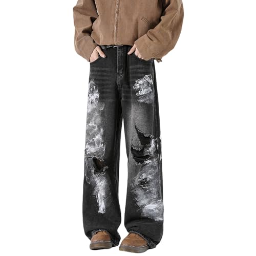 Genérico Vaqueros Hombre con Rotos y Estampado de Pintura Estilo Único y Wide Leg(Grey, XXL)