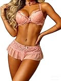 VicSec Conjunto de Lencería Sexy para Mujer 3 Piezas Sujetador Push Up Minifalda Juego Babydoll Encaje Floral Ropa Pijama Camiseta Dormir Seductora Pantalón Lingerie Corto Mujer Navidad Xmas Chrismas