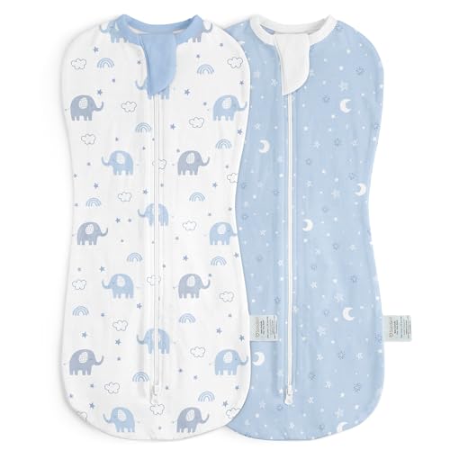 Baby Swaddle 0-2 Months Cotton Arm-In Zipper Sleep Sack Wearable Blankets Wrap for Newborn Infant Girls Boys (Elephant Star Moon Pack of 2)