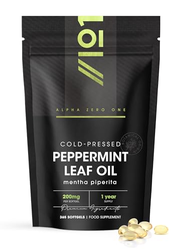 Peppermint Oil Capsule 200mg - 365 Softgels (1 Year Supply) - Cold-Pressed - Fast Absorbing & Easy to Digest - 100% Natural Digestive Supplement by Alpha01