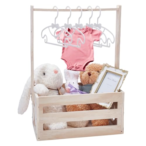 UNICRAFTALE Wooden Baby Shower Crate Closet Baby Storage Crate Hamper Shower Party Basket with Handle with 8pcs Kids' Hanger Welcome Baby Gifts Pregnancy Gifts for New Parents Star-Moon Motif