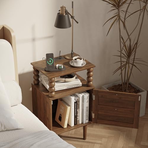 Image of Veegle Nightstand with Charging Station,Retro Bedside Table,Dark Walnut