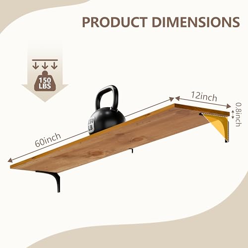 Image of 12 Inch Deep Floating Shelves Set of 2, 60 Inch Extra Wide Solid Wood Wall Shelves, Heavy Duty Wall Mount Bookshelf with 100 lbs Capacity, Farmhouse Rustic Storage for Kitchen & Living Room