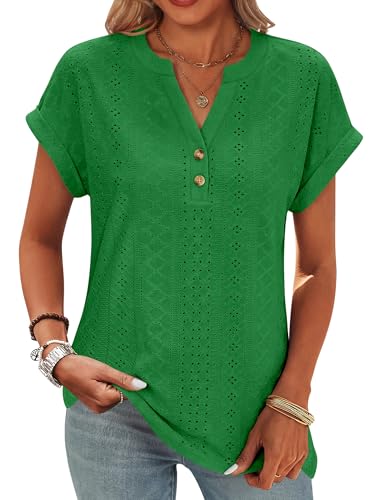 ANRABESS Women Tops Short Sleeve V Neck Eyelet Shirts Dressy Casual Blouses 2026 Summer Tee T-Shirts Vacation Outfits Green Small