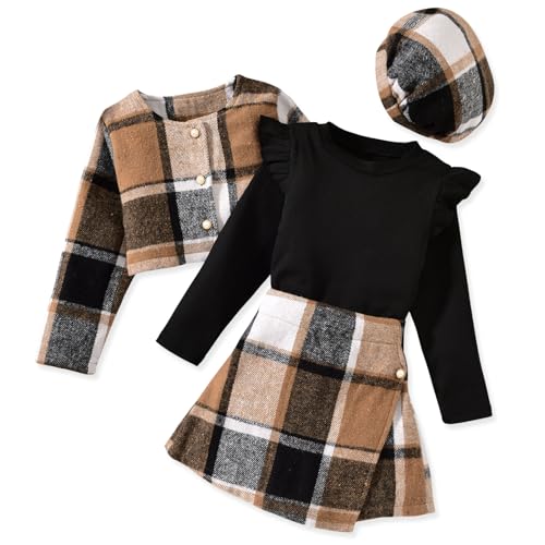 Image of HINTINA Toddler Girl 4 Pieces Outfits Ruffles Long Sleeve Tops Plaid Skirt Jacket And Hat Fall Winter Clothes Set