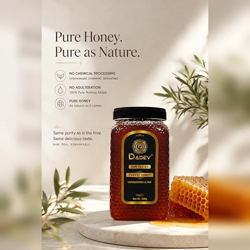 Image of DADEV HONEY Raw Organic Honey 500g | NMR Tested | 100% Pure Raw and Natural Honey | No Added Sugar | Unprocessed Forest Organic Honey-500gm GLASS JAR