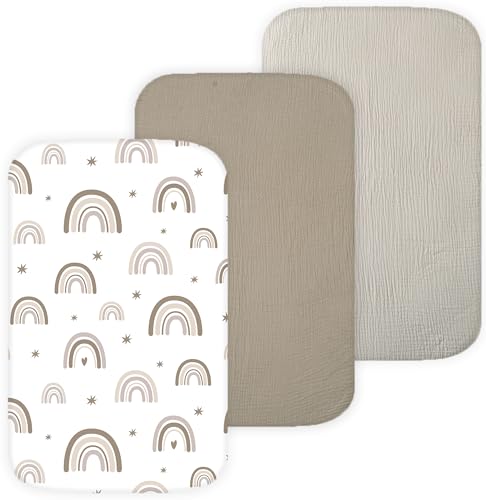 Muslin Bassinet Sheets for KoolerThings, Fodoss, Koolababy, YADAQE, Soobaby, Bonbay Bassinet Bedside Sleeper by TansyPanda, 3PC, 20×33 in, Ultra Soft, Breathable, Snug Fit, Unisex Boys Girls, Maadi
