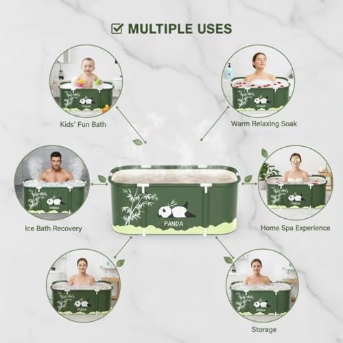 Image of Portable Foldable Adult Bathtub for Home, Large Plastic Soaking Tub with Drain Pipe, Freestanding Spa Bath Tub for Hot & Cold Bath, Balcony & Small Bathroom Use (Panda)