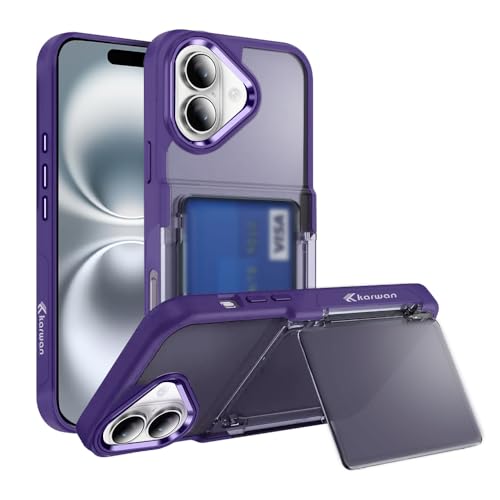 Image of KARWAN Shockproof Translucent Cardholder Back Case Cover Compatible with iPhone 16 Hybrid with Strong Minimalist Design (Purple)