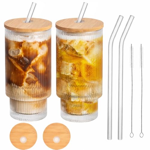 La Mejor Lista de Vasos para té y café de esta semana. 48 Juego de 2 Vasos de Vidrio 16 Oz con Tapas de Bambú, Popotes de Vidrio y Cepillos, Vasos de Cristal Reutilizables para Café Helado, Bebidas, Smoothies, Agua, Té, Jugos y Sodas