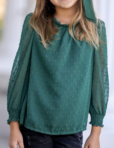 Image of Arshiner Girls Long Sleeve Shirts Chiffon Blouses Swiss Dot Frill Neck Top