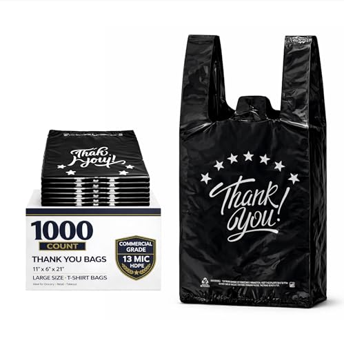 Image of YoYoRain 1000 Count Black inchThank You inch T-Shirt Bags - Reusable & Disposable Grocery & Supermarket Carry Bags, 11 inchx6 inchx21 inch