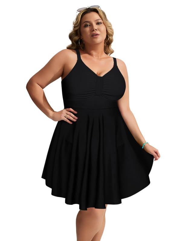 Hanna Nikole Robe de bain une pièce pour femme, grande taille, maillot de bain gainant, maillot de bain à volants, mode de plage doux avec short de bain et bandoulière réglable, Noir , 54 grande