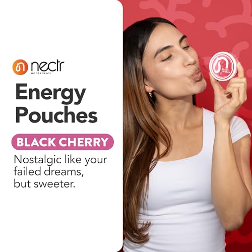 Image of Nectr Energy 50mg Caffeine Pouches - Black Cherry Flavored, Sugar-Free Brain Treats. 20x Mini Nicotine-Free Pouches Per Puck. Fast Focus & Energy Supplement - 4 Pack