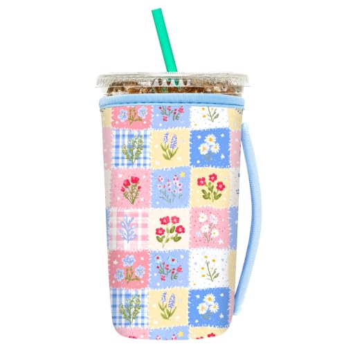 Image of Insulated Neoprene Cup Sleeve for Iced Coffee & Cold Soda - Reusable & Sweatproof, Keeps Drinks Cold Longer, Coffee Coolie for Hot & Iced Drinks (Gingham Floral, Large: 32oz)