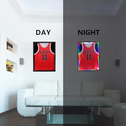 Image of Grintus Jersey Frame Display Case,Lockable with Colorful Led Lights Display Box for Jersey Display with UV Protection Acrylic and Hanger for Baseball Basketball Football Hockey Sport Shirt,Black