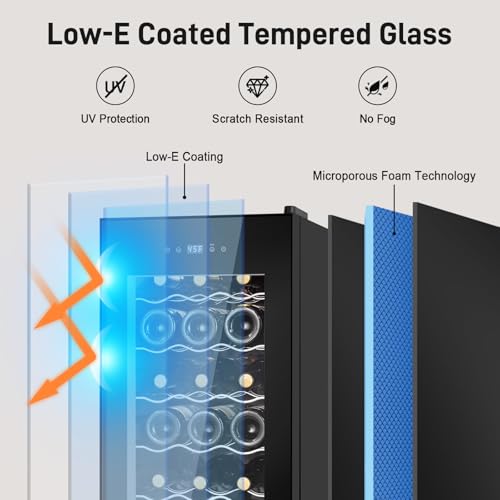 Image of Tylza 18 Bottles Wine Fridge, Wine Cellar with Powerful Compressor, LED Touchscreen, Low-E Tempered Glass Door, Lock, Wine Cooler Refrigerator for Red, White, Champagne or Sparkling Wine, Black
