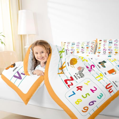 Image of Feelyou ABC Alphabet Comforter Set Full Size, Cute Educational Learning Tool Bedding Set for Kids Toddler Cartoon Animal Comforter Learning Educational Duvet Set Durable Bed Set 3Pcs