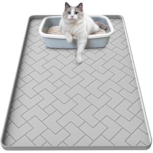 Silicone Cat Litter Mat for litter box Large 34' X 22'-Easy to Clean Cat Litter Trapping Mat, Waterproof, urine-proof and non-slip to keep the floor clean and tidy（Gray）