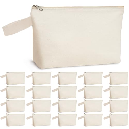 Koolmox Cosmetic Pouch with Bottom, 20 Pack 12Oz Cotton Canvas Makeup Bags Pen Pencil Stationery Pouches Blank to DIY Customize (Beige Bag w/Beige Zipper, S, 9x4.7x1.5'')