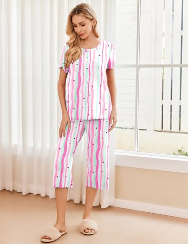 Image of Ekouaer 2 Pack: Women's Pajamas Set Short Sleeve Sleepwear Capri Pants Pjs Soft Loungewear with Pockets