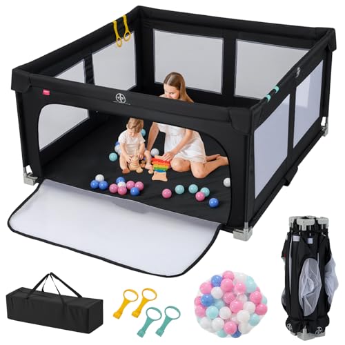 COSTWAY Box per Bambini 150 x 150 cm, Recinto per Bambini Pieghevole in Tessuto Oxford con Rete Traspirante, Box con Giochi che Include 50 Palline, 4 Pezzi Anelli e Borsa (Nero, 150 x 150 cm)
