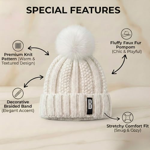Image of Kraptick Women's Winter Cap - Knit Beanie with Soft Fleece Lining Hat, Stylish Pom Pom Thick Woollen Skull Cap, Warm Hat for Ladies & Girls -3