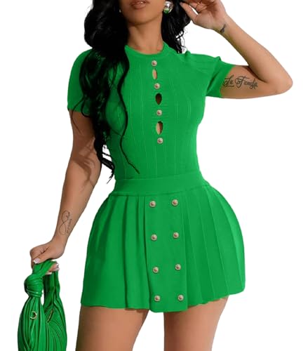 Image of Two Piece Outfits for Women Summer Going Out Knit Crop Tops Pleated Mini Skirt Sets Short Sleeve Mini Dress