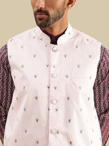Image of SOJANYA Men's Silk Blend Wine Kurta & White Pyjama With Daman Embroidered Nehru Jacket