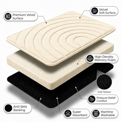 Image of Premium Memory Foam Bath Mat | 40x60cm Super Absorbent Velvet Bathroom Rug | Non-Slip Machine Washable Floor Mat (Vanilla Cream)