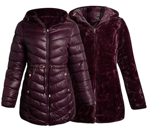 Image of Jessica Simpson Womens Puffer Jacket - Faux Fur Lined Long Coat Winter - Insulated Reversible Hooded Winter Jacket for Women, Size Medium, Merlot